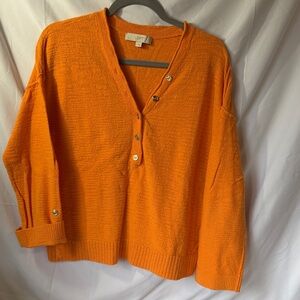 LOFT Orange V-Neck Button Pullover Sweater